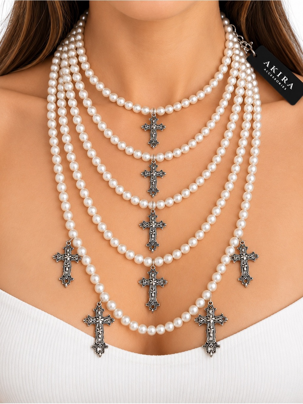 AKIRA Ivory Pearl Multi-Strand Cross Pendant Necklace